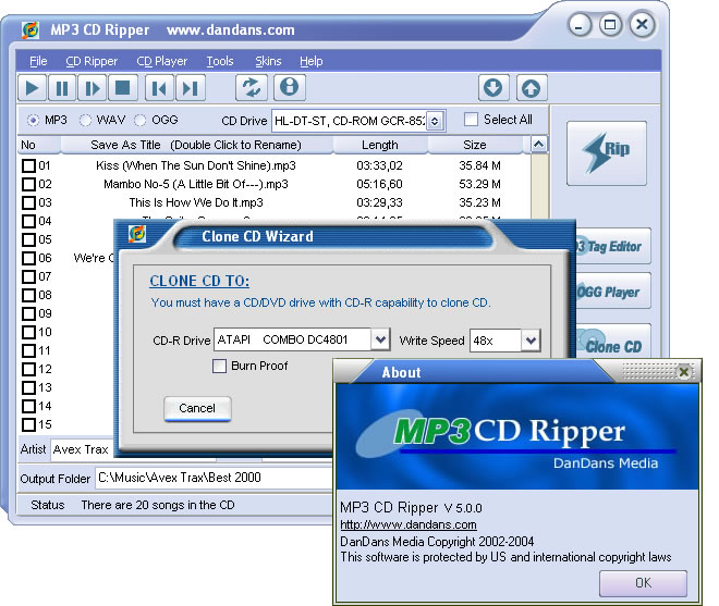 MP3 CD Ripper converts audio CDs to MP3, OGG or WAV directly and clone audio CD easily. It also has some cool tools such as ID3 tag editor and DanDans OGG player.